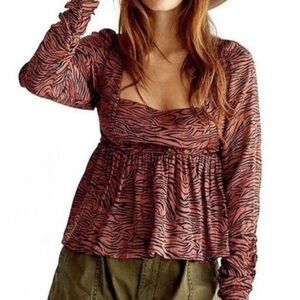 Free People NWOT Orange/Black Silent Rawr Satin Square Neck Peplum Top Size XS